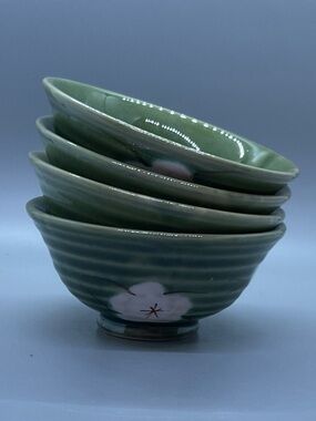 Green Floral Ceramic Rice Bowls (Set of 4)
